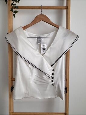Vintage Xscape White Formal Satin Wrap Blouse with Black Piping NWTG, Size S/PS